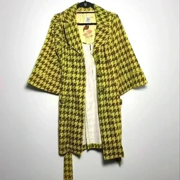 Ivy Jane RARE Vintage Houndstooth Coat In Muted Lime & Earth Brown With Belt XS